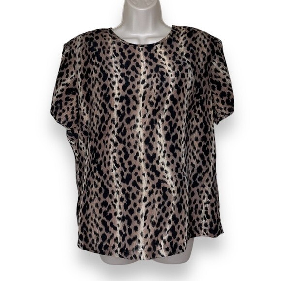 Vintage QuoSilk Animal Print Silk Short Sleeve Round Neck Blouse Women Large - Picture 1 of 11